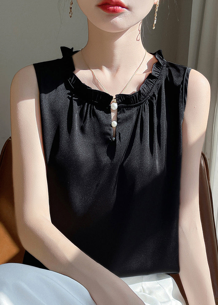 Black Button Solid Silk Sleeveless Blouse Ruffled