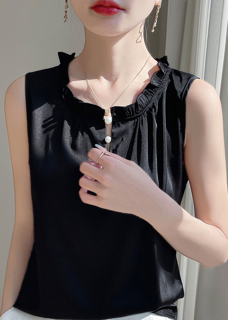 Black Button Solid Silk Sleeveless Blouse Ruffled