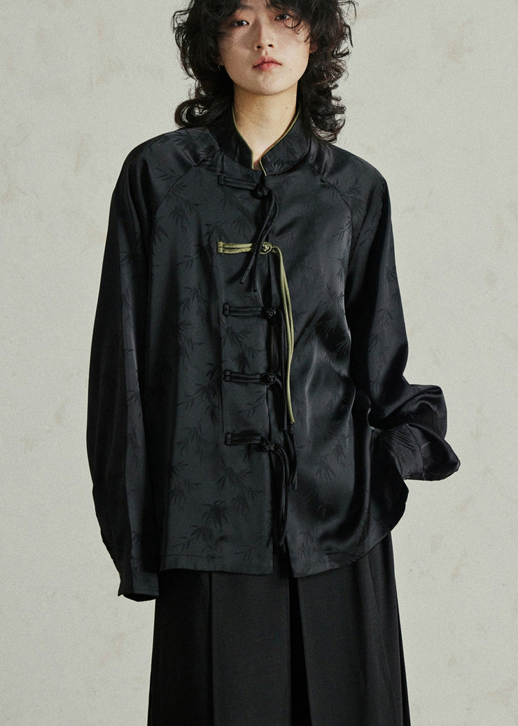 Black Button Stand Collar Top Lantern Sleeve