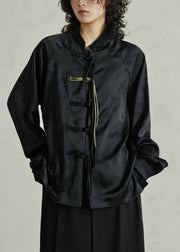 Black Button Stand Collar Top Lantern Sleeve
