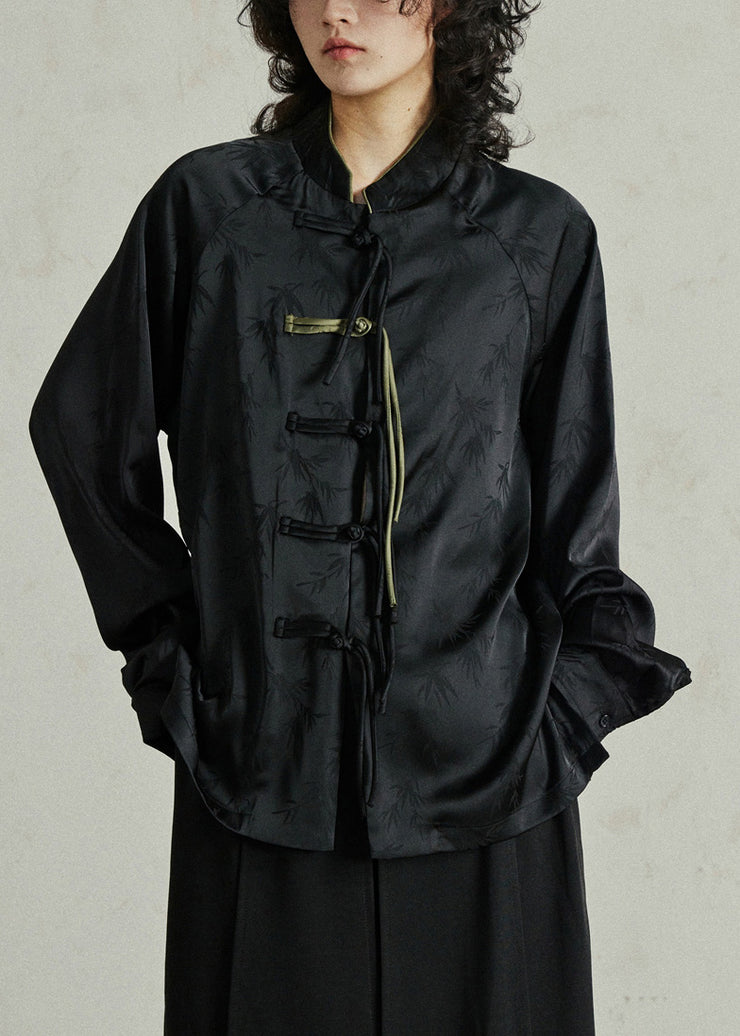 Black Button Stand Collar Top Lantern Sleeve