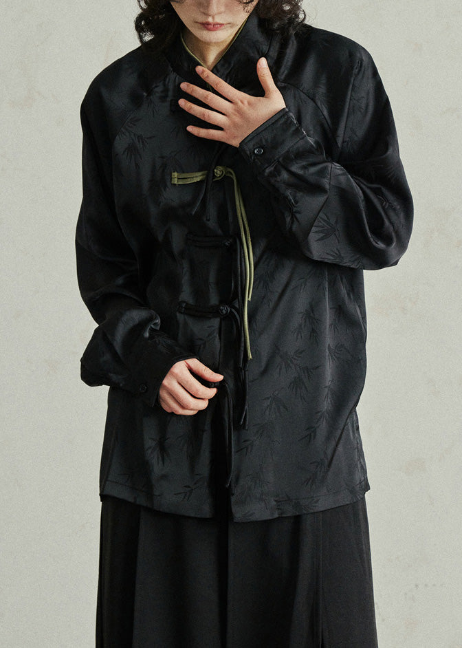 Black Button Stand Collar Top Lantern Sleeve