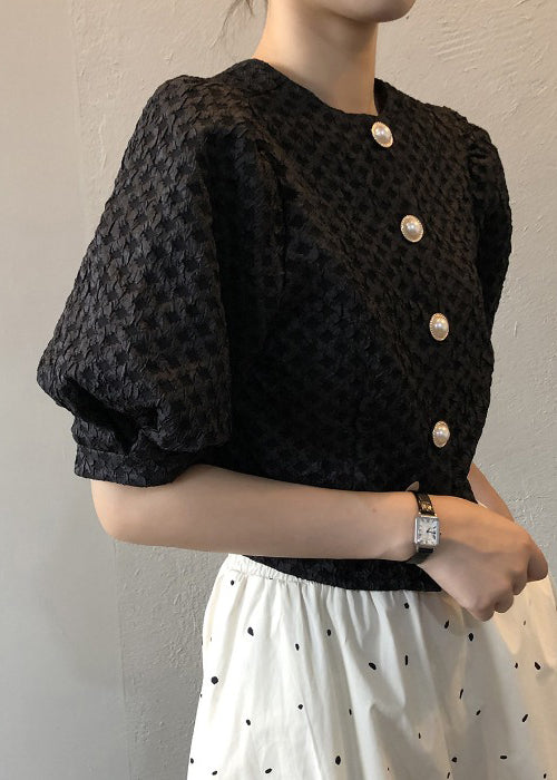 Black Button Wrinkled Cotton BlousesO Neck Puff Sleeve