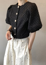 Black Button Wrinkled Cotton BlousesO Neck Puff Sleeve