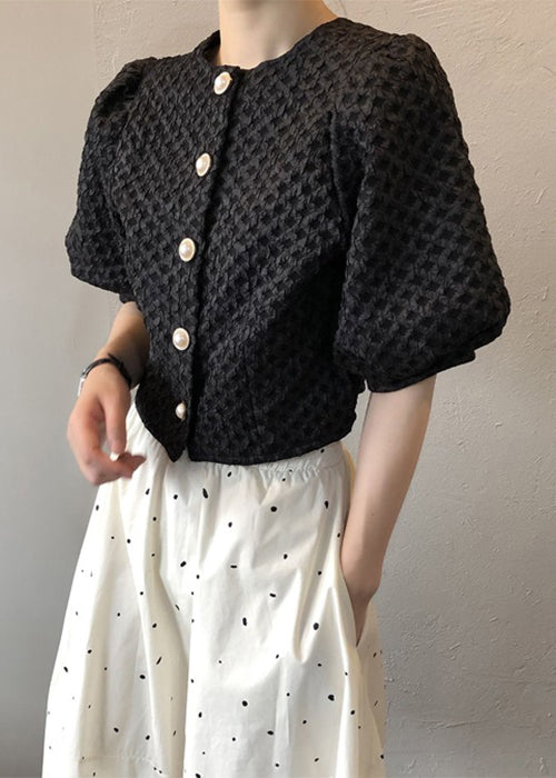 Black Button Wrinkled Cotton BlousesO Neck Puff Sleeve