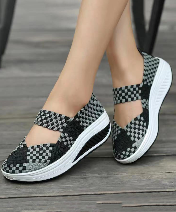 Black Casual Knit Fabric Art Splicing High Wedge Heels Shoes soolinen shoes-20251