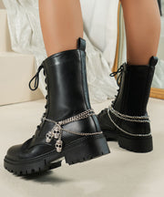Black Chain Linked Faux Leather Boots Lace Up Platform Boots