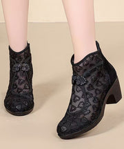 Black Chunky Breathable Mesh Embroidered Retro Splicing Boots