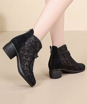 Black Chunky Breathable Mesh Embroidered Retro Splicing Boots