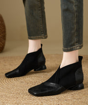 Black Chunky Cowhide Leather Classy Splicing Boots