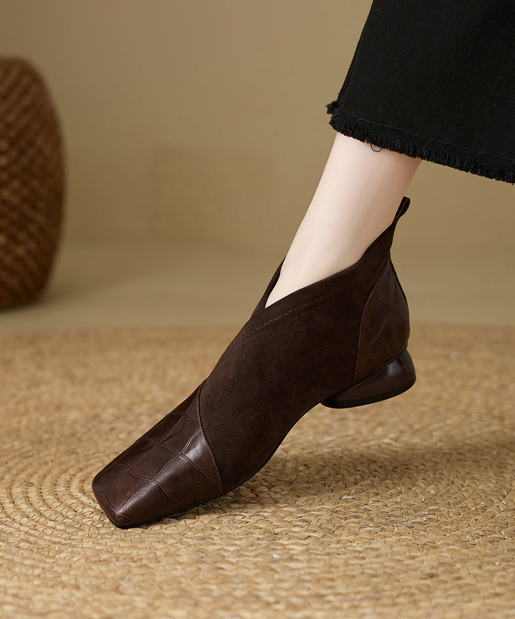 Black Chunky Cowhide Leather Classy Splicing Boots