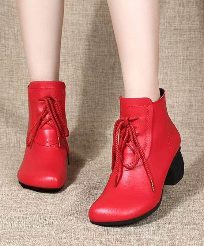 Black Chunky Cowhide Leather Comfy Splicing Boots Lace Up