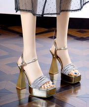 Black Chunky Heels Faux Leather Zircon Splicing Stylish Sandals