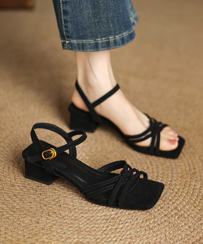 Black Chunky Suede Chic Splicing Sandals Peep Toe