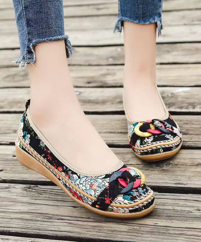 Black Cotton Fabric Print Splicing Boho Wedge Heels Plus Size soolinen shoes-20251