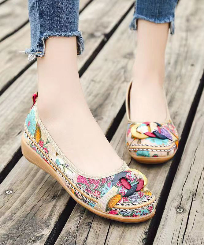 Black Cotton Fabric Print Splicing Boho Wedge Heels Plus Size soolinen shoes-20251