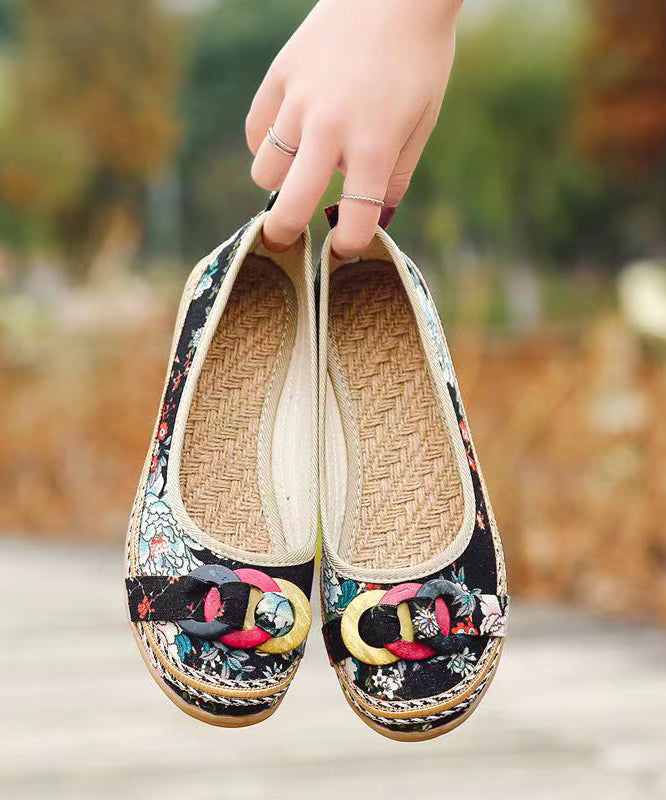Black Cotton Fabric Print Splicing Boho Wedge Heels Plus Size soolinen shoes-20251