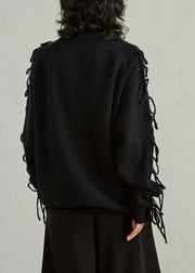 Black Cotton Knit Sweater Patchwork Tassel Fall