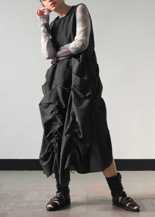 Black Cotton Robe Dresses Drawstring Wrinkled Sleeveless