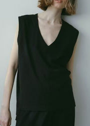 Black Cotton Tank Tops V Neck Sleeveless