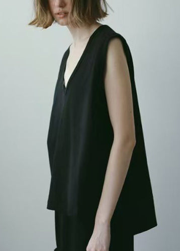Black Cotton Tank Tops V Neck Sleeveless