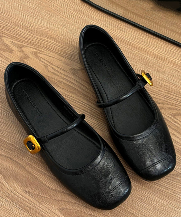 Black Cowhide Leather Chic Splicing Flat Shoes For Women
