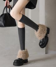 Black Cowhide Leather Chunky Boots Splicing Fuzzy Wool Lined