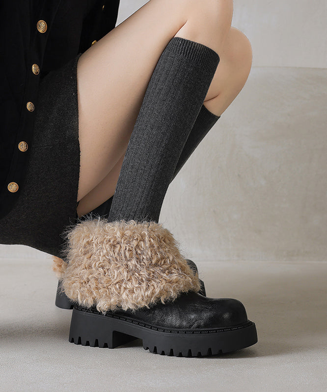 Black Cowhide Leather Chunky Boots Splicing Fuzzy Wool Lined
