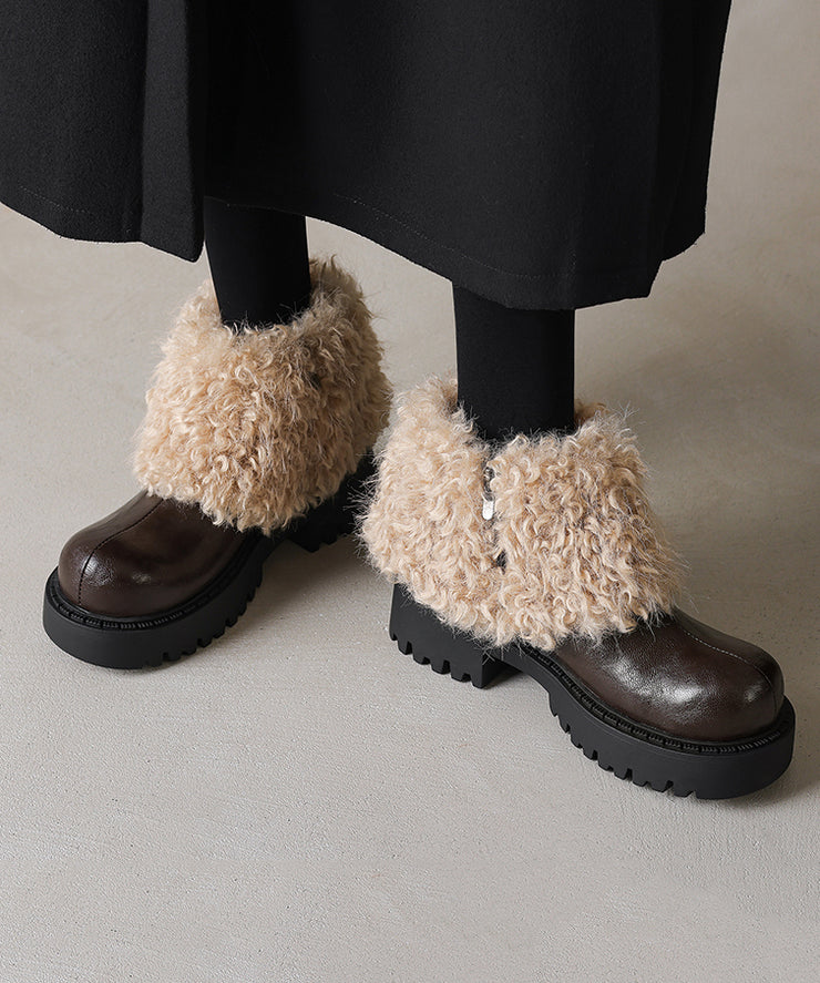 Black Cowhide Leather Chunky Boots Splicing Fuzzy Wool Lined