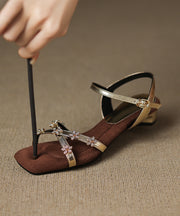 Black Cowhide Leather Comfortable Splicing Zircon Sandals