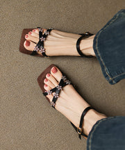 Black Cowhide Leather Comfortable Splicing Zircon Sandals
