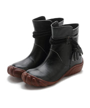 Black Cowhide Leather Comfortable Tassel Splicing Retro Boots