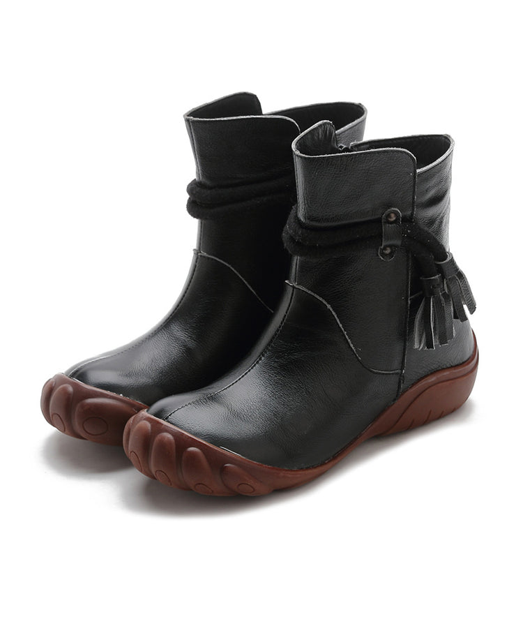 Black Cowhide Leather Comfortable Tassel Splicing Retro Boots