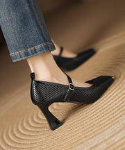 Black Cowhide Leather Elegant Splicing Chunky High Heels