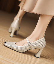 Black Cowhide Leather Elegant Splicing Chunky High Heels