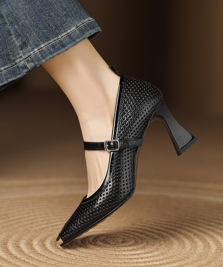 Black Cowhide Leather Elegant Splicing Chunky High Heels