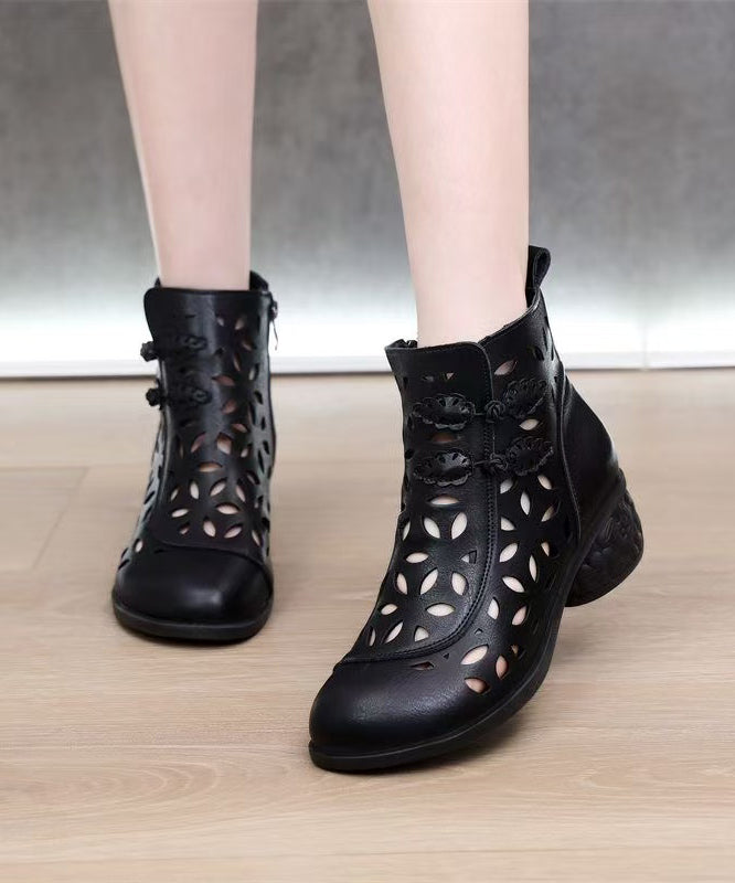Black Cowhide Leather Hollow Out Splicing Chunky Boots