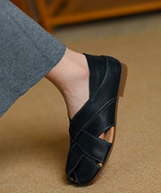 Black Cowhide Leather Hollow Out Splicing Water Sandals