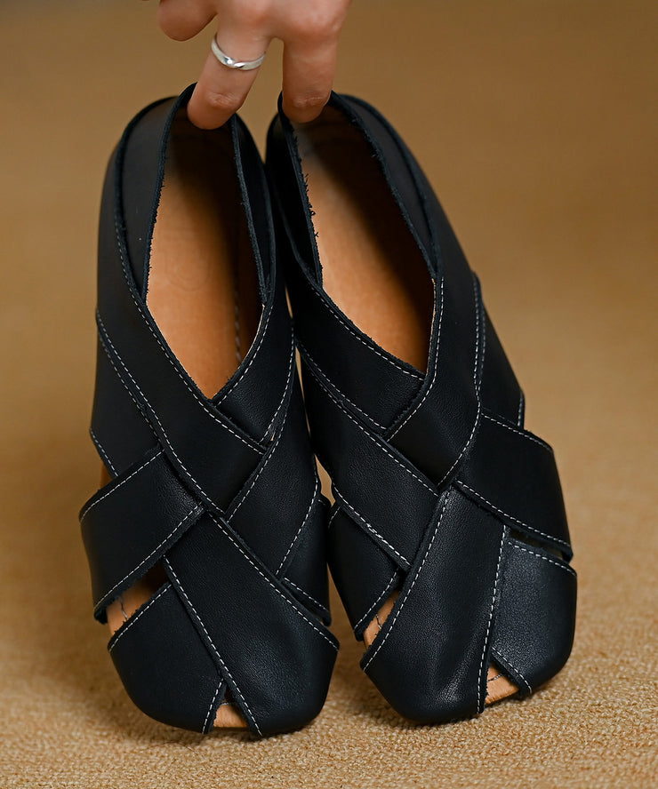 Black Cowhide Leather Hollow Out Splicing Water Sandals