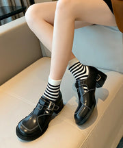 Black Cowhide Leather Loafer Shoes Splicing Buckle Strap