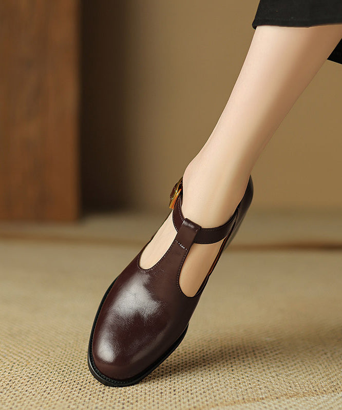 Black Cowhide Leather Splicing Chunky Shoes Hollow Out
