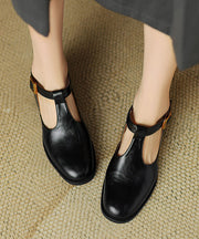 Black Cowhide Leather Splicing Chunky Shoes Hollow Out