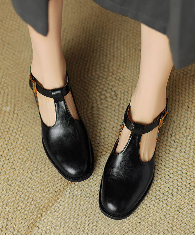 Black Cowhide Leather Splicing Chunky Shoes Hollow Out