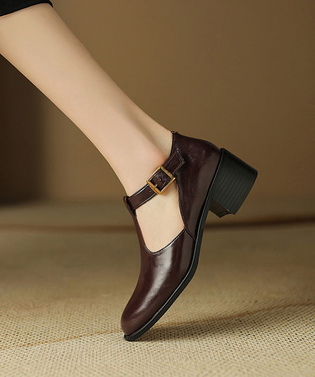 Black Cowhide Leather Splicing Chunky Shoes Hollow Out