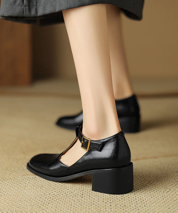 Black Cowhide Leather Splicing Chunky Shoes Hollow Out