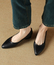 Black Cowhide Leather Splicing Chunky Shoes Pointed Toe