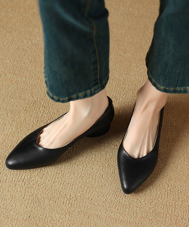 Black Cowhide Leather Splicing Chunky Shoes Pointed Toe