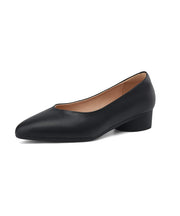 Black Cowhide Leather Splicing Chunky Shoes Pointed Toe