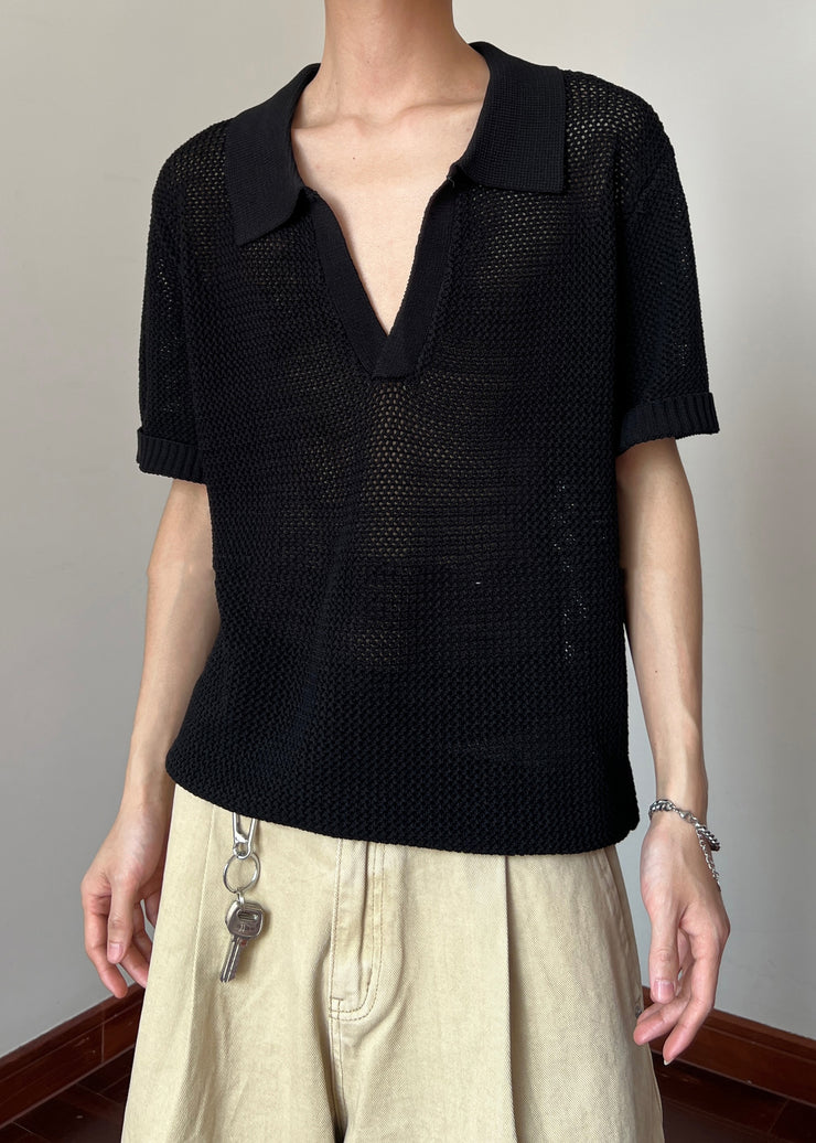 Black Cozy Knit Polo Shirts Men Hollow Out
