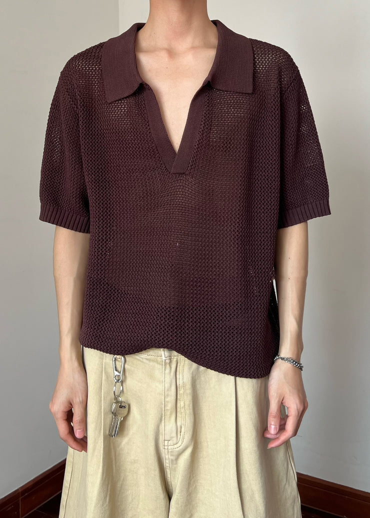 Black Cozy Knit Polo Shirts Men Hollow Out